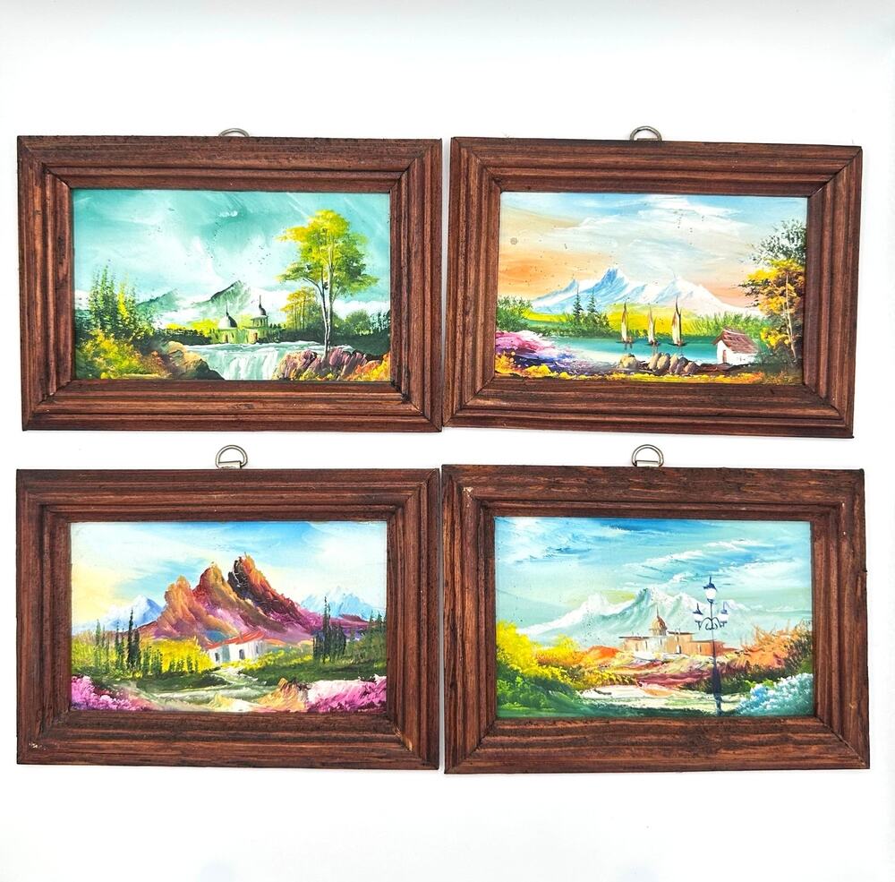 Vintage Mexican set 4 landscape oil paintings 6.75" x 4.75" framed wall art